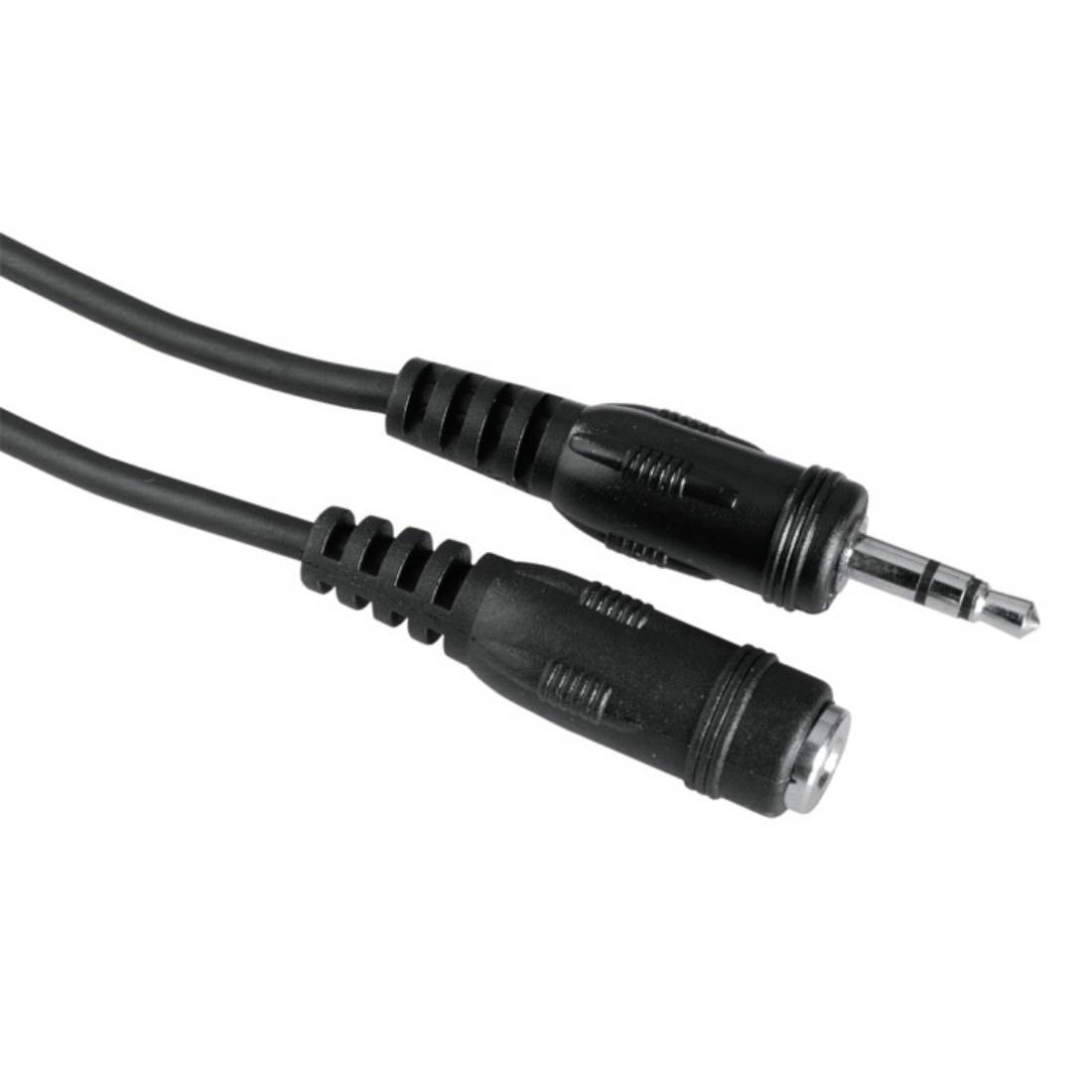 Schwarzes Audiokabel mit 3,5-mm-Stecker und entsprechendem weiblichem Buchsenstecker auf weißem Hintergrund.