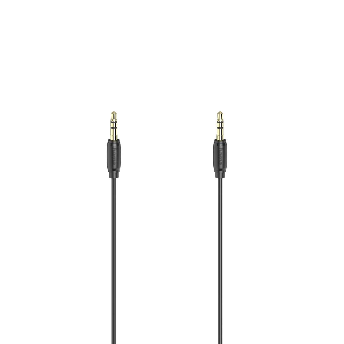 Zwei schwarze 3,5-mm-Audiokabel mit Stecker, vertikal auf weißem Hintergrund angeordnet.