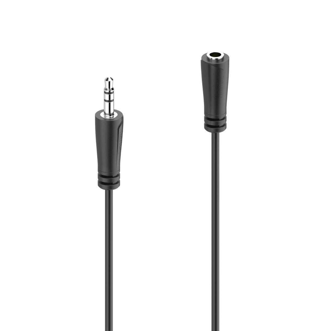 Schwarzes 3,5-mm-Audiokabel mit Stecker auf der einen Seite und Buchse auf der anderen Seite, dargestellt auf weißem Hintergrund.