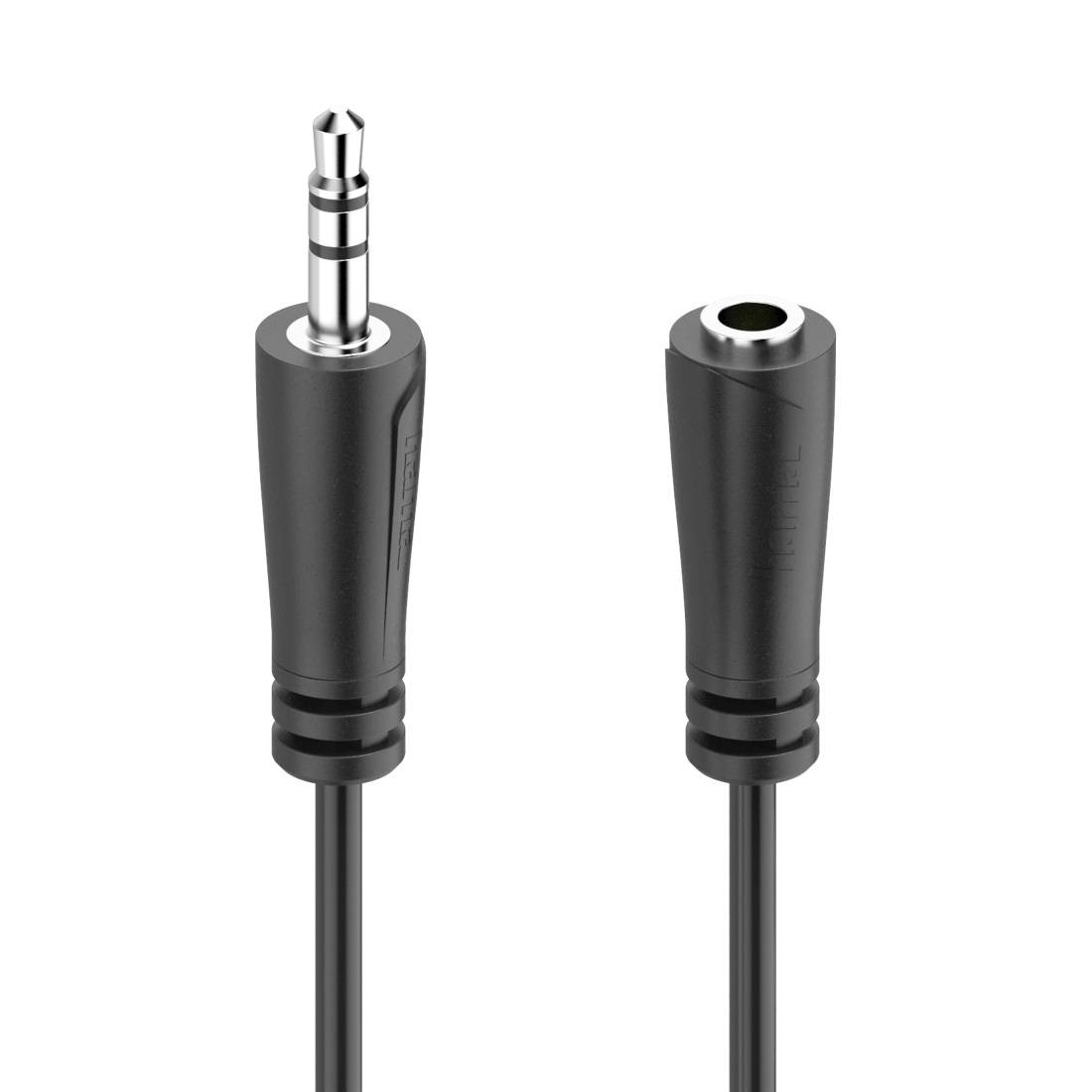 Nahaufnahme eines 3,5-mm-Audiokabels mit Stecker auf der linken Seite und entsprechender Buchse auf der rechten Seite.