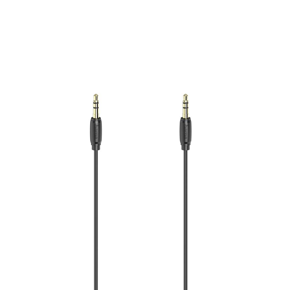 Zwei schwarze 3,5-mm-Audiokabel mit vergoldeten Steckern nebeneinander auf weißem Hintergrund dargestellt.