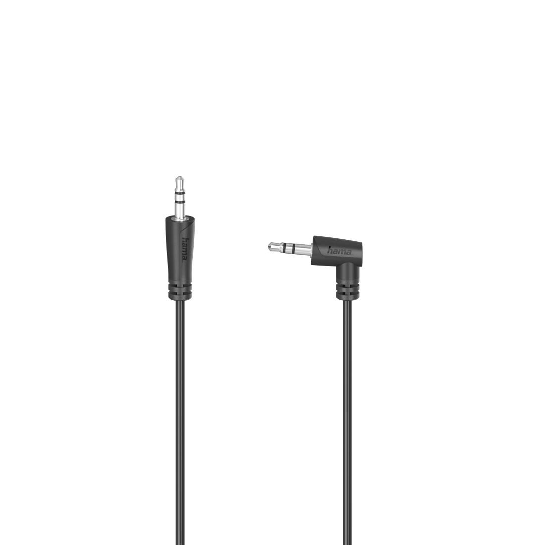 Zwei schwarze 3,5-mm-Audiokabel mit Steckern, aufrecht auf weißem Hintergrund dargestellt, eines gerade und eines rechtwinklig.