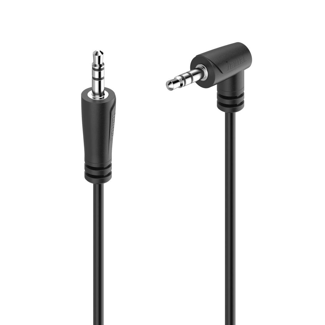 Schwarzes 3,5-mm-Audiokabel mit geraden und rechtwinkligen Steckern auf weißem Hintergrund.