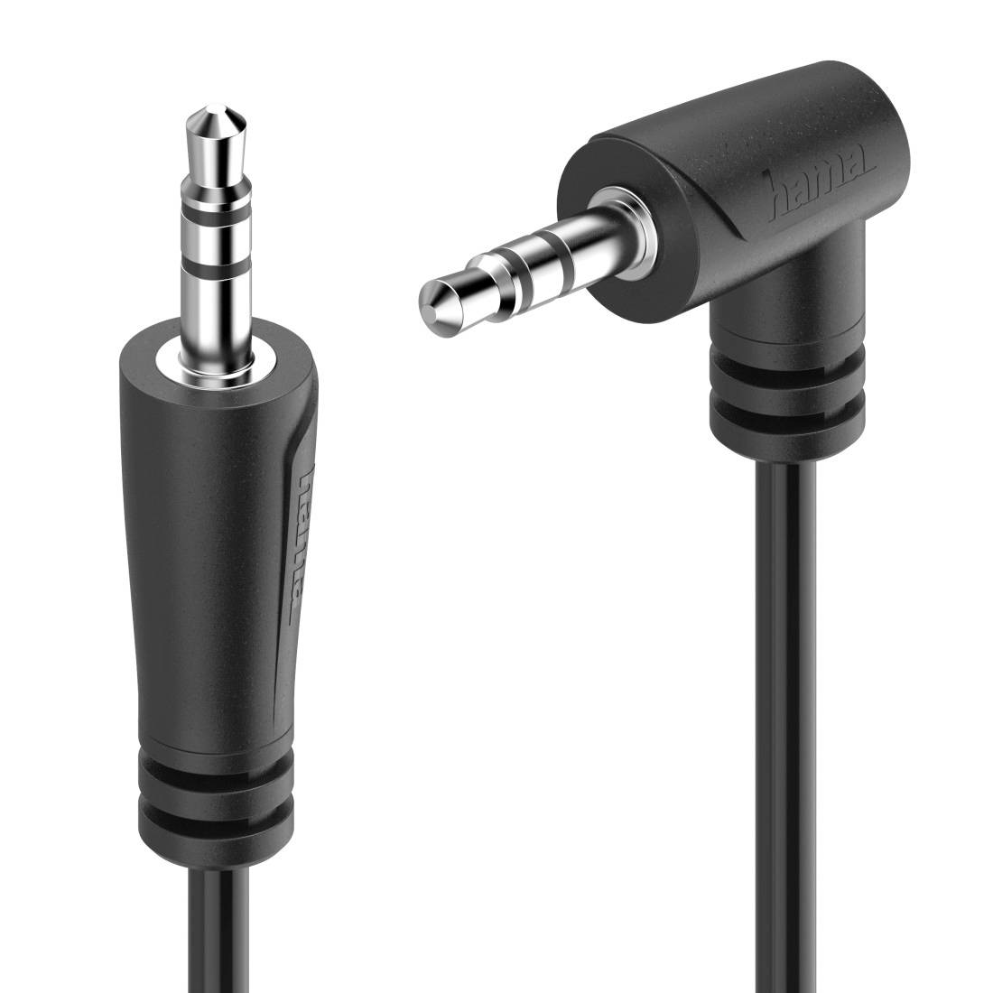 Zwei schwarze 3,5-mm-Audioadapterstecker in Seiten- und Schrägansicht, jeweils mit metallischem Stereoanschluss und angeschlossenem Kabel.