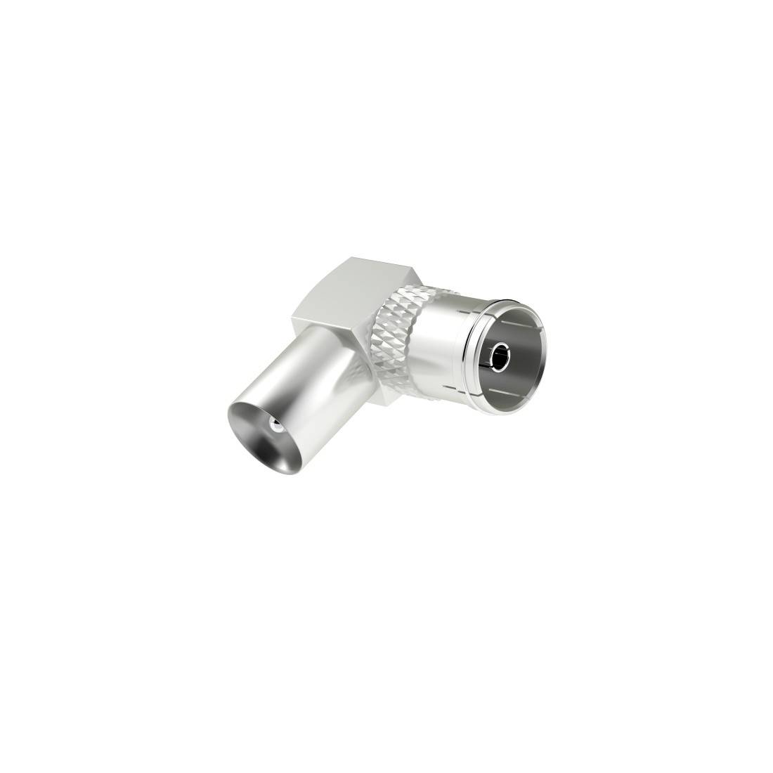 Silberner Winkelstecker-Adapter für Koaxialkabel auf weißem Hintergrund