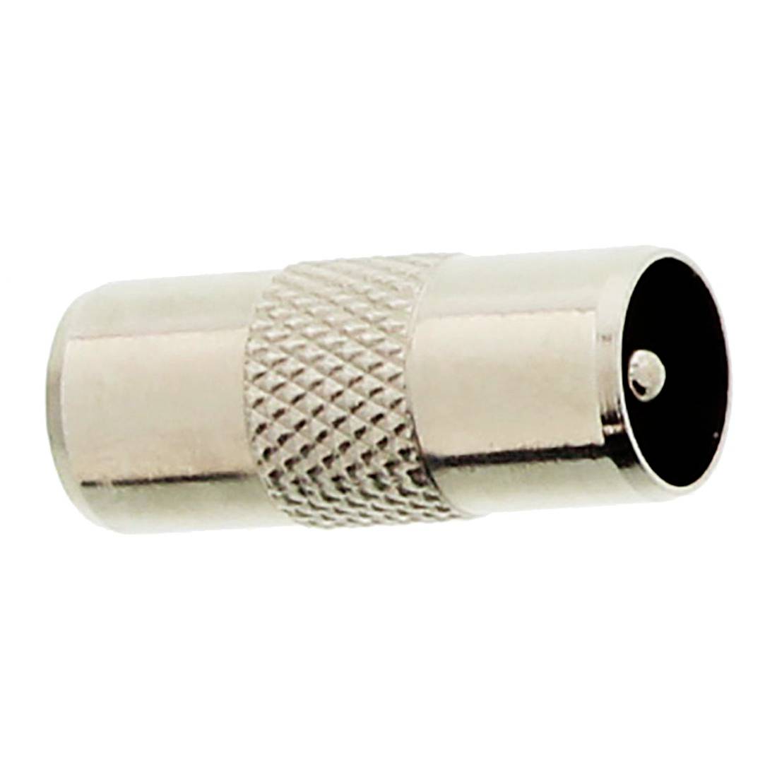 Metall-Koaxialkabelstecker-Adapter mit gerilltem Griff, gezeigt auf weißem Hintergrund.