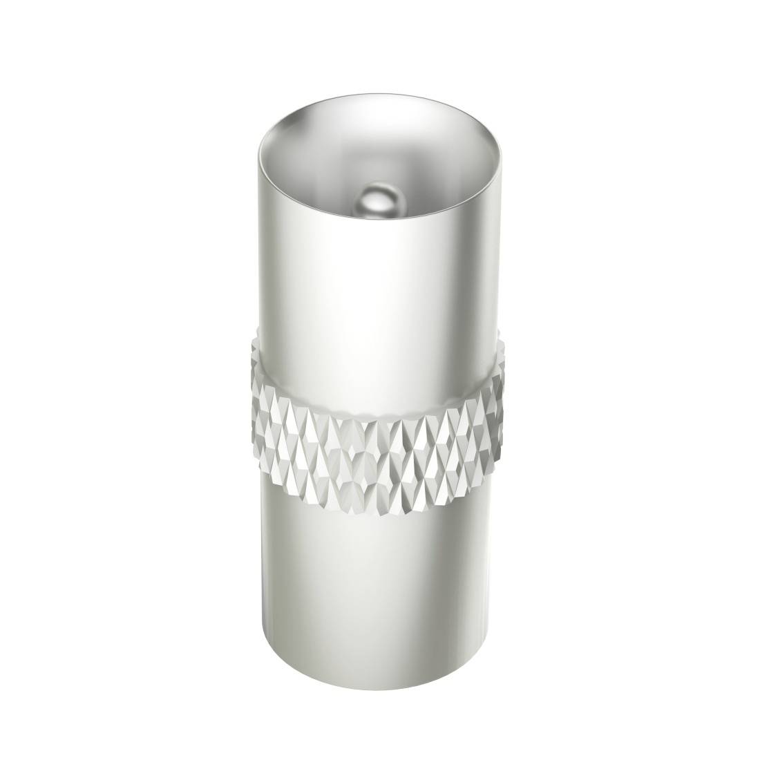 Silberner zylindrischer Metallstecker mit gerilltem Griffring in der Mitte, gezeigt auf einfachem weißen Hintergrund.