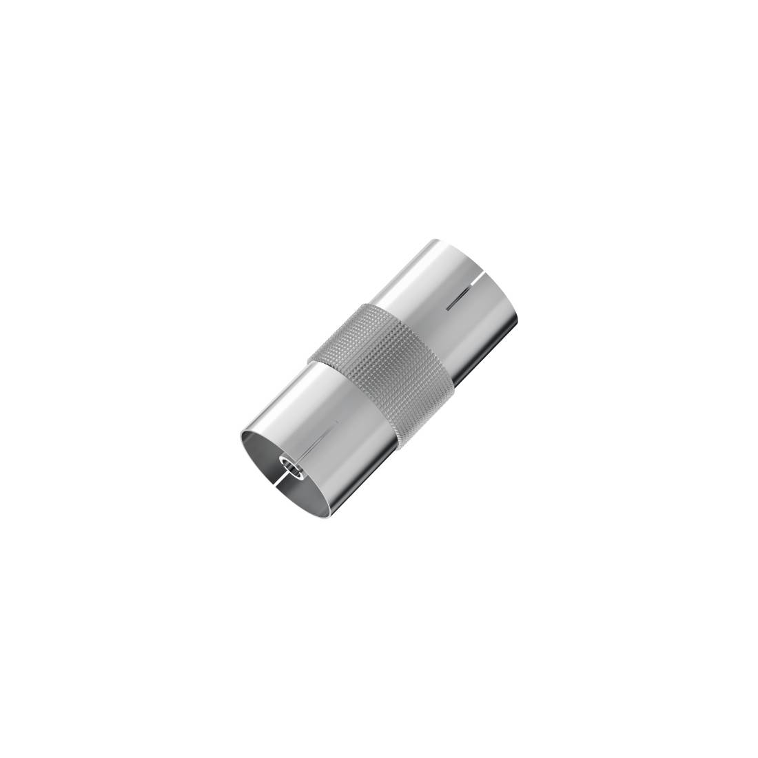 Silberner zylindrischer Metallsteckeradapter mit strukturiertem Griffband, dargestellt auf einfachem weißem Hintergrund.