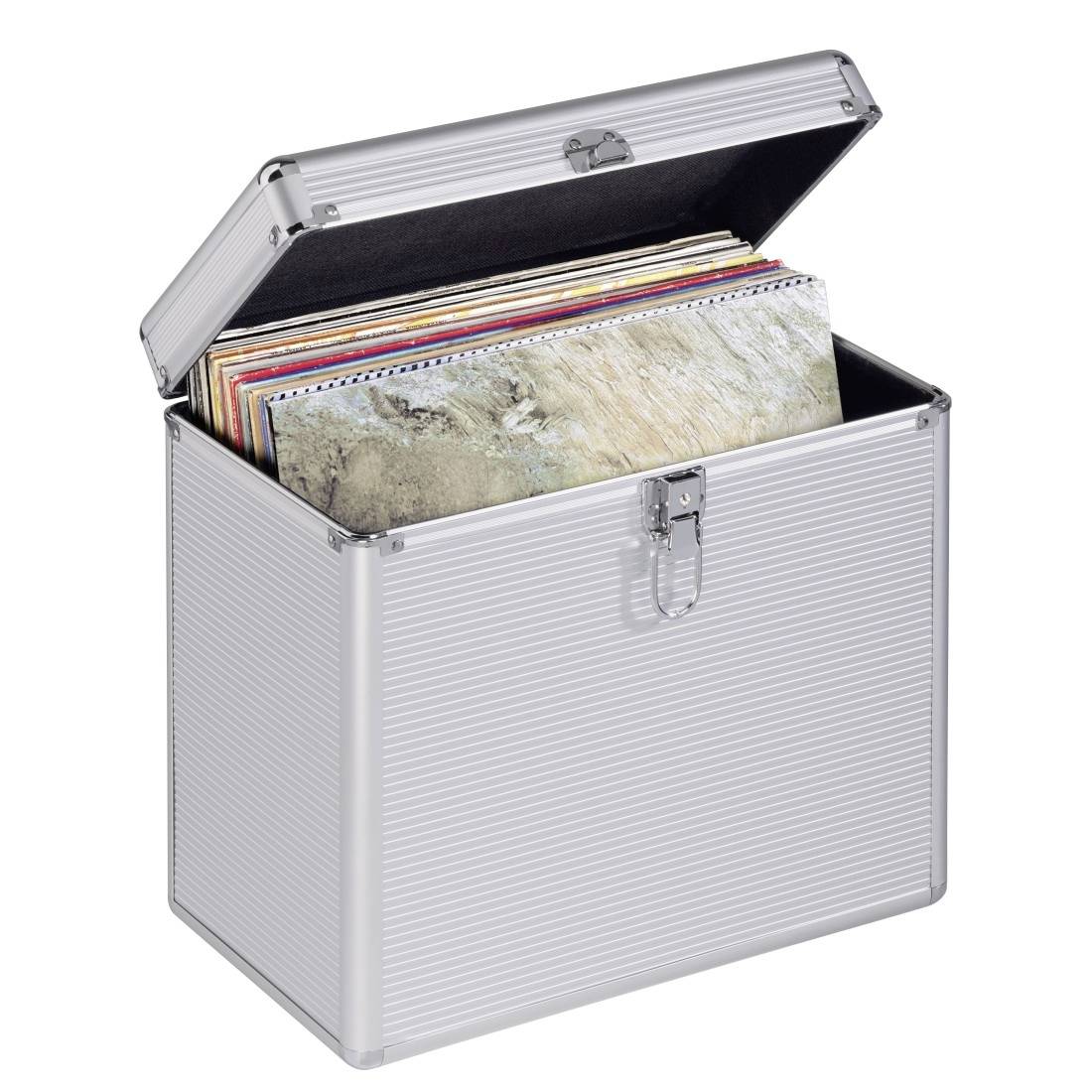 Offene silberne Aktenspeicherbox mit mehreren Schallplatten oder Mappen, gezeigt vor weißem Hintergrund.