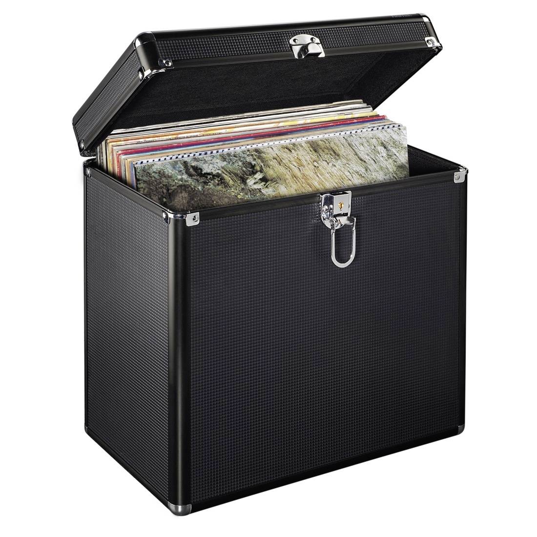 Schwarze Aufbewahrungsbox mit geöffnetem Deckel, die einen Stapel von Schallplattenhüllen im Inneren zeigt.