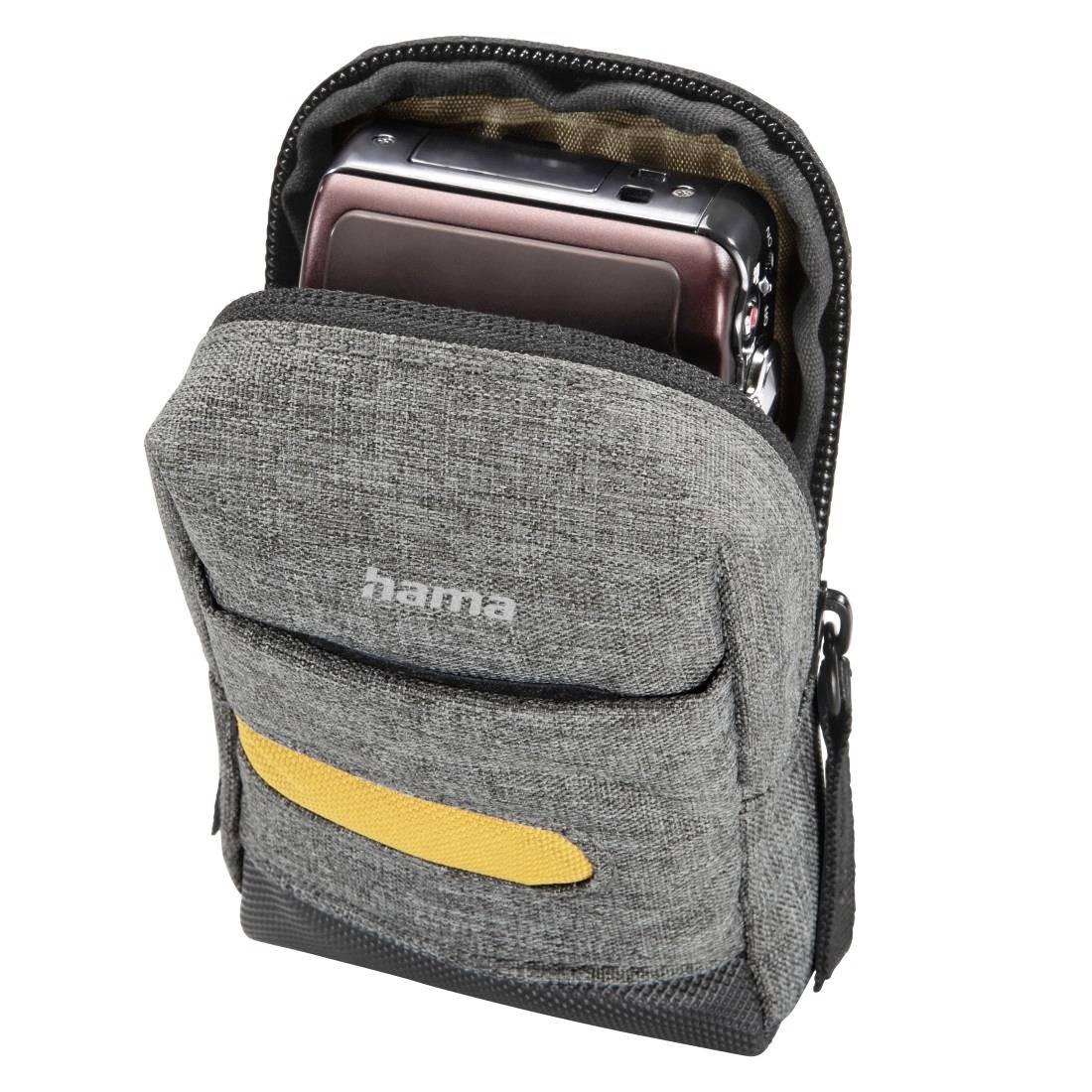 Graue Hama-Tragetasche mit Reißverschluss für ein kleines Gerät, mit vorderer Tasche und gelbem Akzentuierungsriemen.