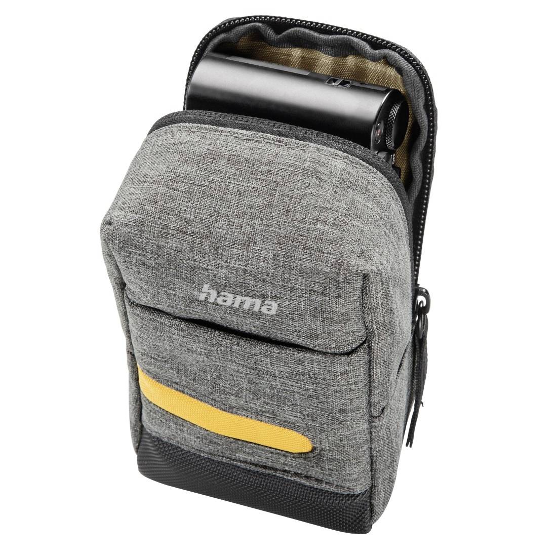 Graue Hama-Schutztasche mit Reißverschluss, mit sichtbarem schwarzem zylindrischem Batteriepack oben und gelbem Akzentstreifen auf der Vorderseite.