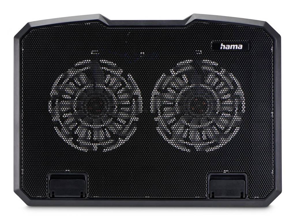 Schwarzes Hama Laptop-Kühlpad mit zwei großen Kühlventilatoren und vorderen Lüftungsöffnungen
