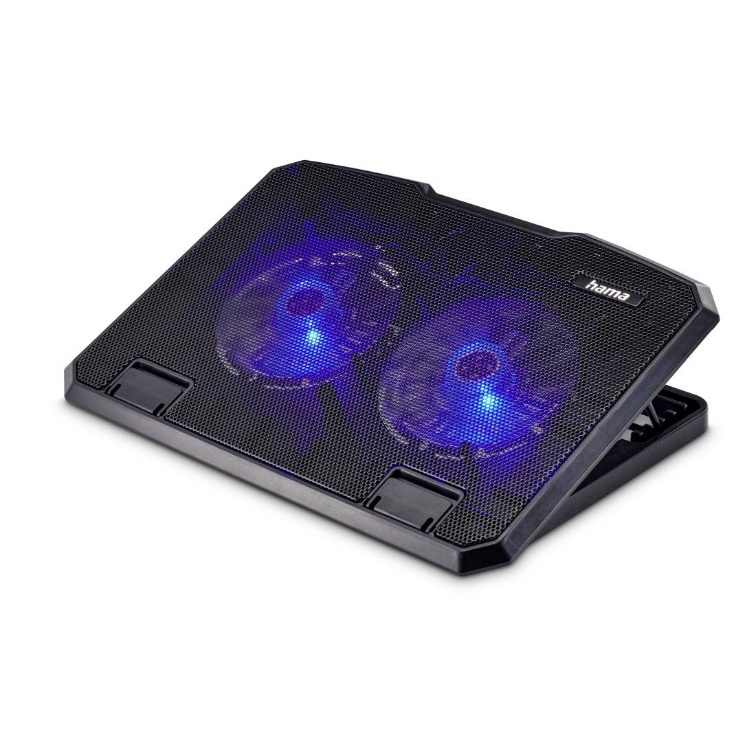 Schwarze Laptop-Kühlunterlage mit zwei blaubeleuchteten Lüftern und verstellbarem Ständer