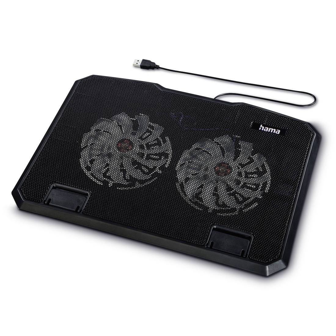 Schwarzes Laptop-Kühlpad mit zwei großen Lüftern und USB-Kabel, Marke 'hama'.