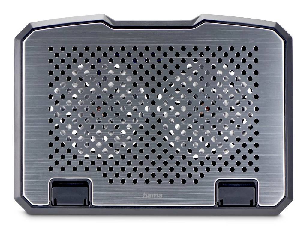 Silbernes Laptop-Kühlpad mit zwei sichtbaren Lüftern hinter einem perforierten Metallgitter und vorderen USB-Anschlüssen