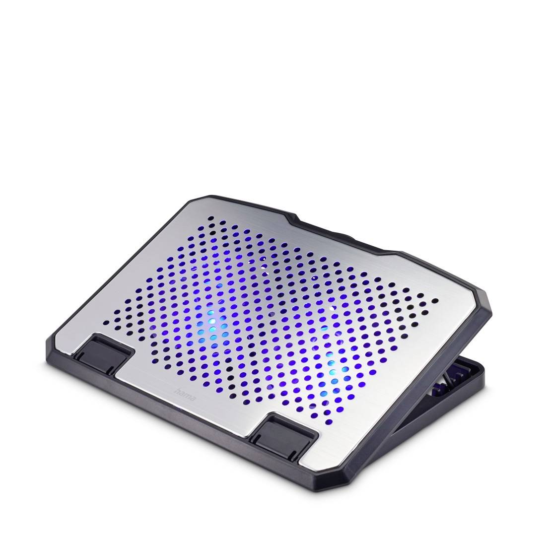 Laptop-Kühlpad mit gelochter Metalloberfläche und leuchtenden blauen Lüftern auf einem Klappständer