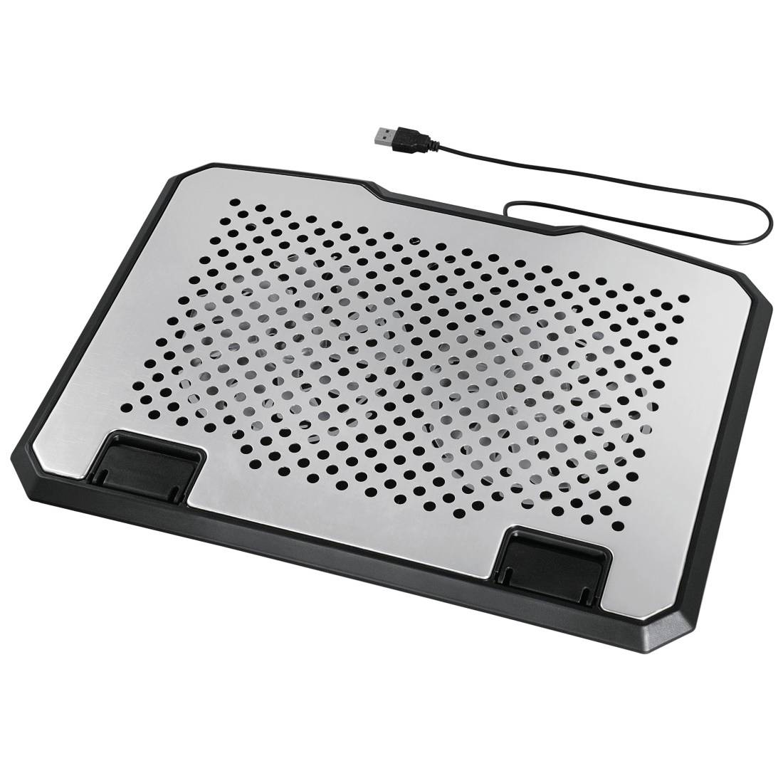 Laptop-Kühlpad mit perforierter Metalloberfläche und USB-Kabel auf weißem Hintergrund.