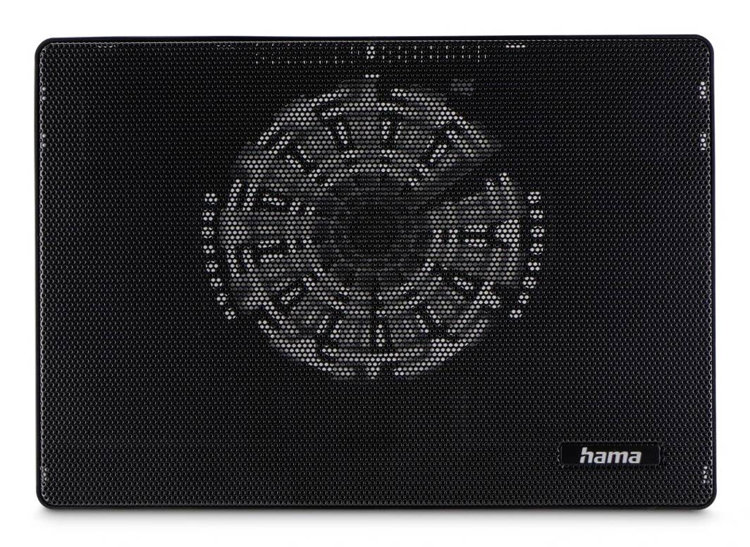 Schwarzes rechteckiges Laptop-Kühlpad mit großem kreisförmigem Ventilator und Hama-Logo unten rechts.
