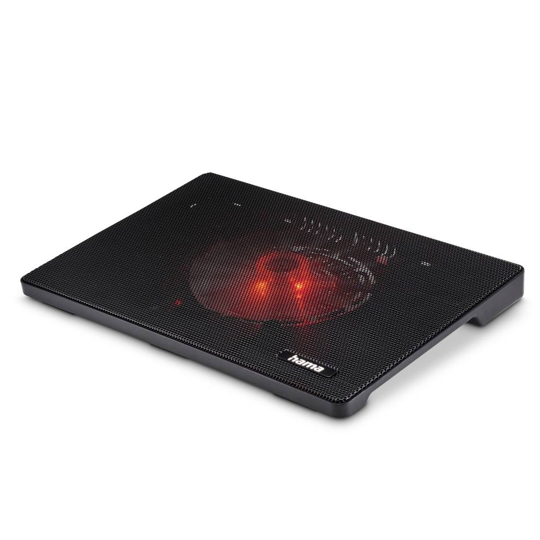 Schwarzes Laptop-Kühlpad mit leuchtender roter Lüfter, die durch eine Mesh-Oberseite scheint, auf weißem Hintergrund dargestellt.