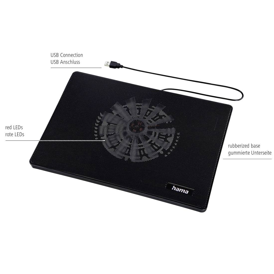 Schwarzes Laptop-Kühlpad mit Zentrallüfter, USB-Kabel, roten LEDs und gummierter Basis, gekennzeichnet mit USB-Verbindung und Basis-Funktionen.