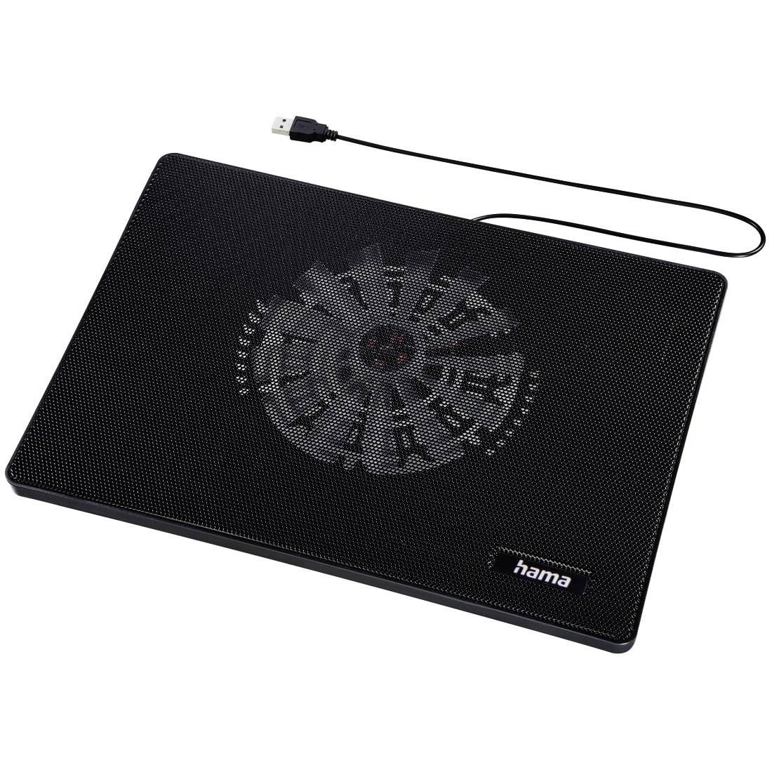 Schwarzes Hama Laptop-Kühlpad mit einem zentralen Lüfter und angeschlossenem USB-Stromkabel auf weißem Hintergrund.
