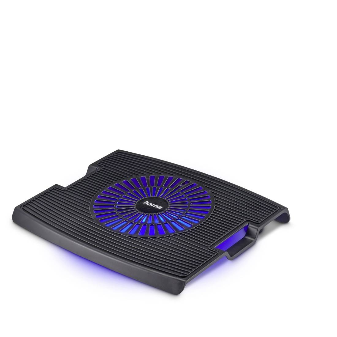 Schwarzes Laptop-Kühlpad mit blau beleuchteten Lüftern, auf weißem Hintergrund dargestellt.