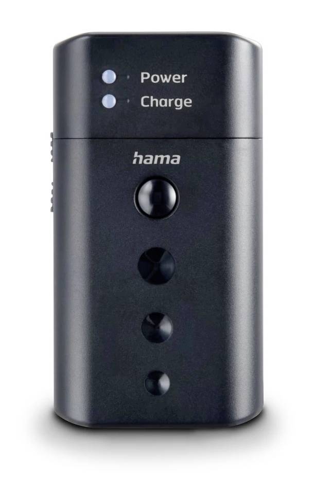 Schwarzes Hama-Batteriladegerät mit zwei Anzeigelampen mit den Beschriftungen Power und Charge und einem zentralen Knopf auf weißem Hintergrund.
