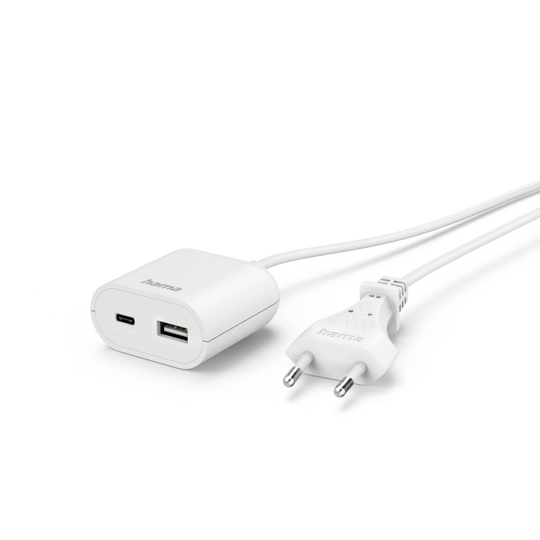 Weißes USB-C-Wandladegerät mit integriertem Kabel und europäischem zweipoliger Stecker, abgebildet vor einfachem Hintergrund.