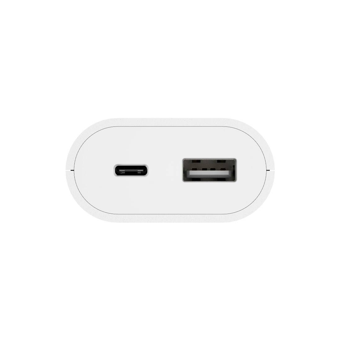 Kompakter weißer Adapter mit einem USB-C-Anschluss auf der linken Seite und einem USB-A-Anschluss auf der rechten Seite.