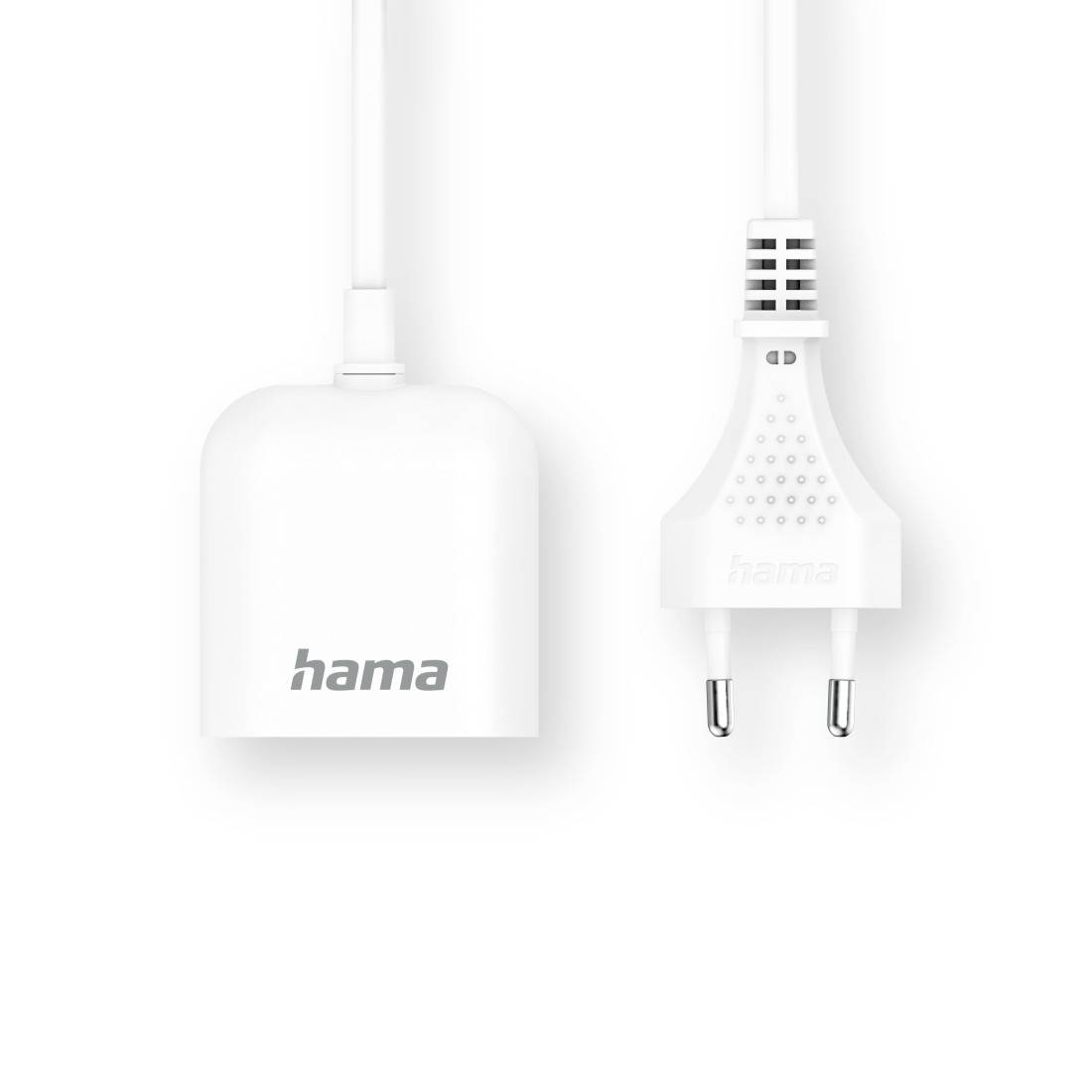 Weiße Hama-Ladegerät mit angebrachtem Kabel und Zweipoliger Steckeradapter auf weißem Hintergrund.