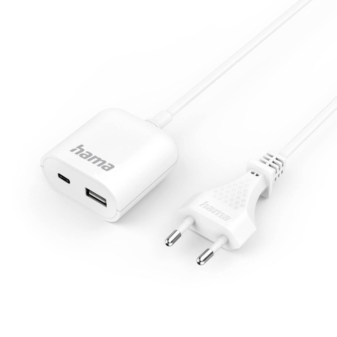 Weißes Hama USB-Ladekabel mit Wandstecker, das einen USB-C- und USB-A-Anschluss am Adapter sowie einen europäischen zweipoligen Stecker aufweist.