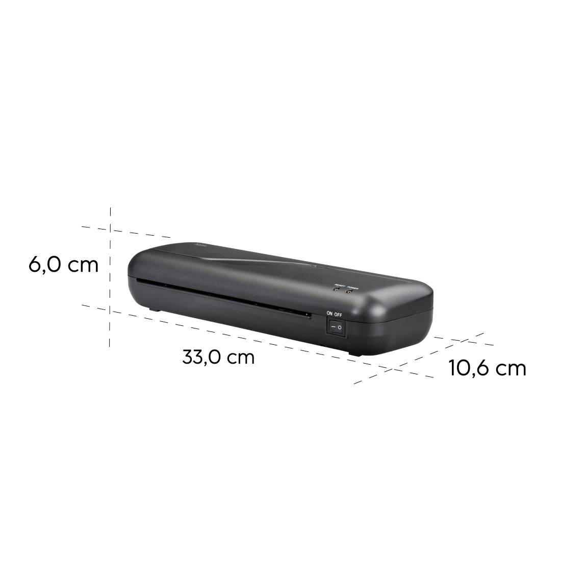 Schwarzes rechteckiges Dokumentenlaminiergerät dargestellt mit den Abmessungen 33,0 cm Länge, 10,6 cm Breite und 6,0 cm Höhe.