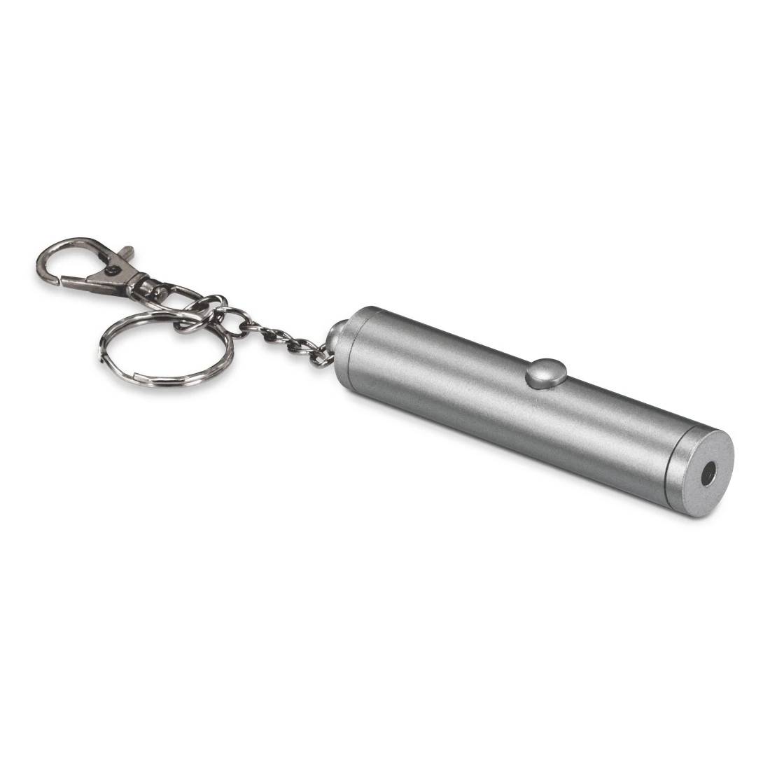 Silberne zylindrische Taschenlampe mit Schlüsselanhänger, Clip und Schlüsselring auf weißem Hintergrund