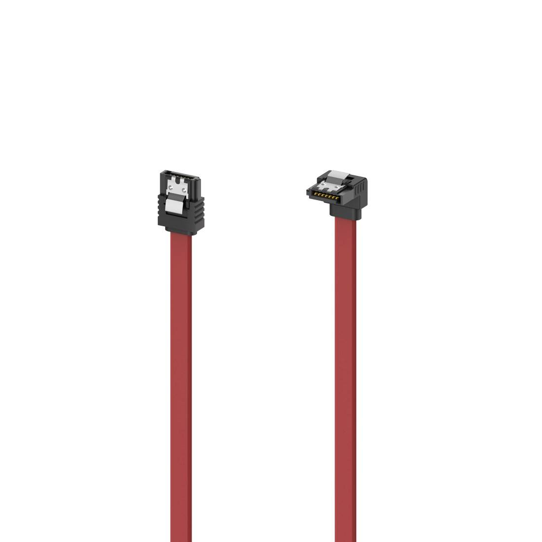 Zwei rote SATA-Datenkabel mit schwarzen rechtwinkligen Steckverbindern vor einem schlichten weißen Hintergrund dargestellt.