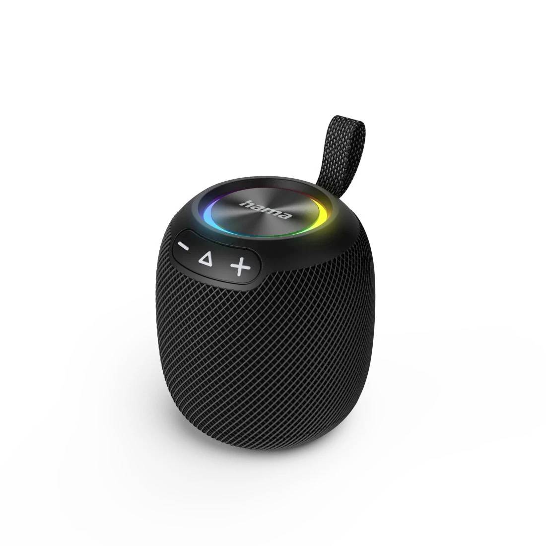 Schwarzer tragbarer Bluetooth-Lautsprecher mit Meshgehäuse, Schlaufenriemen und beleuchteten Bedienelementen oben.