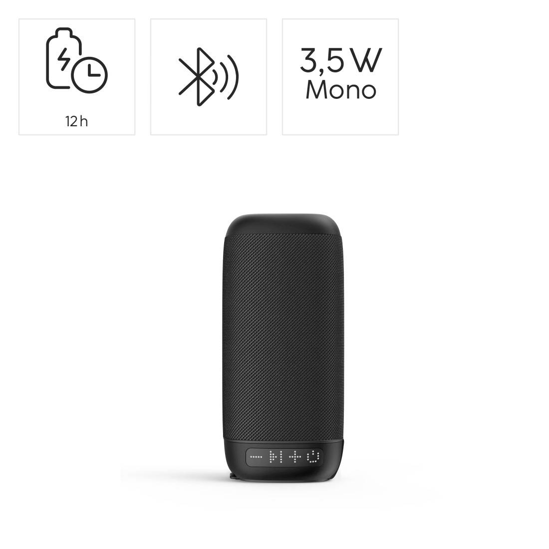 Schwarzer tragbarer Bluetooth-Lautsprecher mit 12-Stunden-Akkulaufzeit und 3,5W-Mono-Sound, dargestellt mit Funktionssymbolen.
