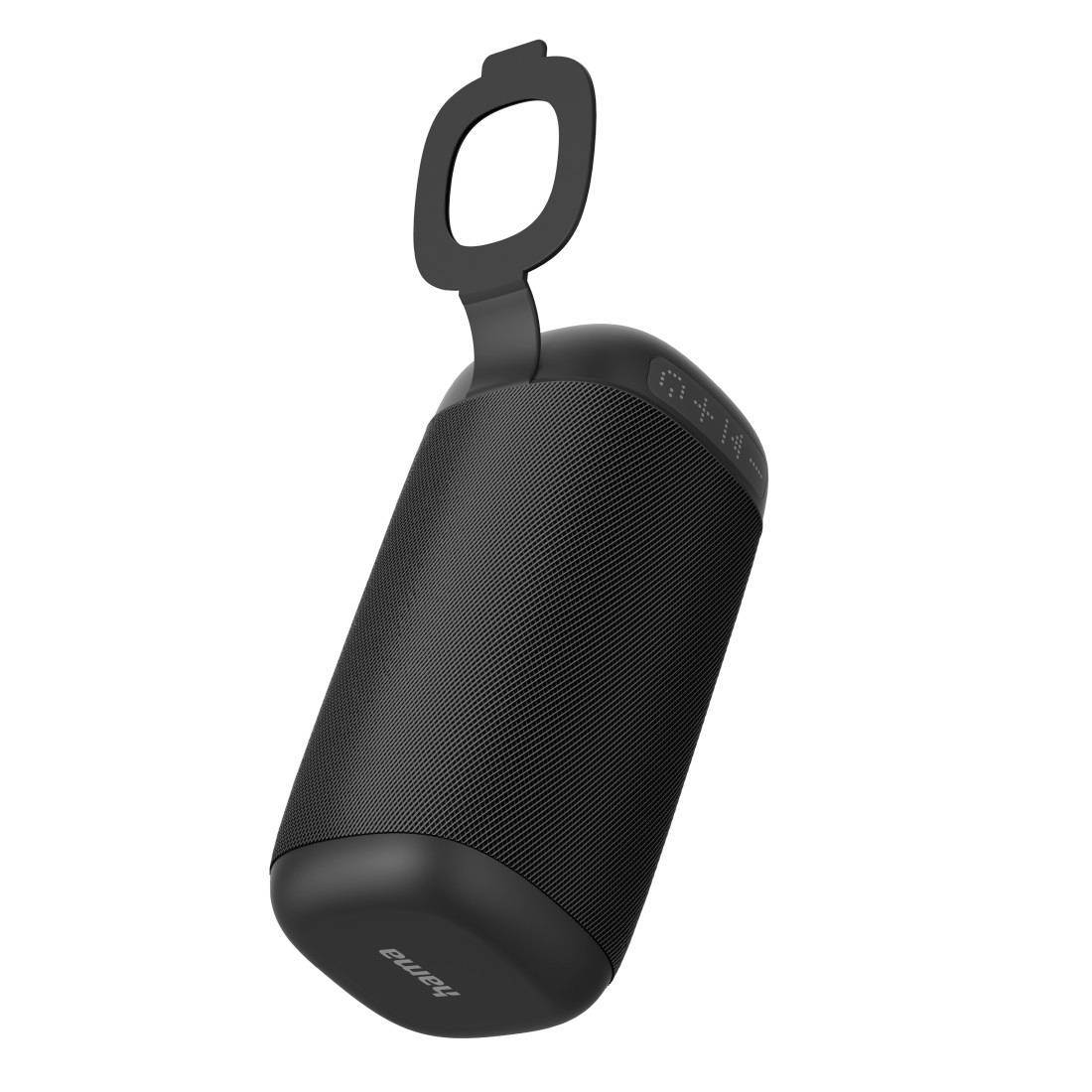 Tragbarer schwarzer Bluetooth-Lautsprecher mit integriertem Schlaufengriff, gezeigt auf weißem Hintergrund.