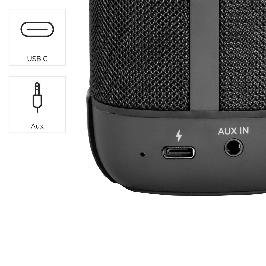 Nahaufnahme eines Lautsprechers mit USB-C- und Aux-Eingangsoptionen, wobei der USB-C-Anschluss und die „AUX IN