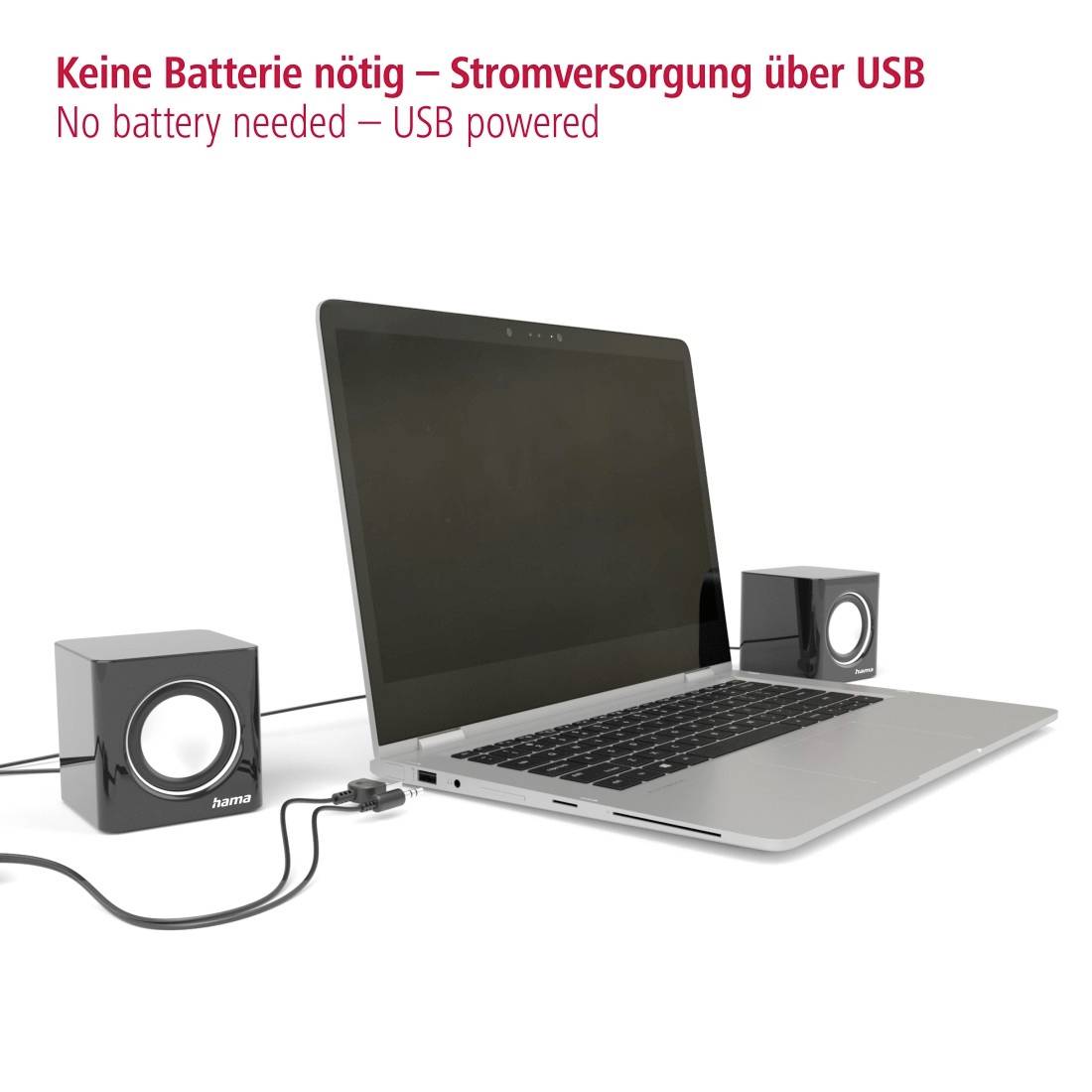 Laptop, der über USB mit zwei Lautsprechern verbunden ist, mit dem Text „Keine Batterie erforderlich – USB-betrieben