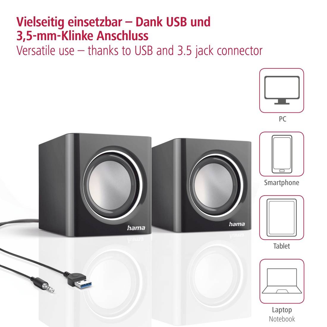 Zwei kompakte Hama-Lautsprecher mit USB- und 3,5-mm-Klinkensteckern, die als kompatibel mit PC, Smartphone, Tablet und Laptop dargestellt sind.