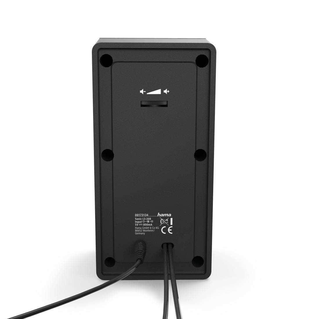 Rückansicht eines schwarzen elektronischen Hama-Geräts mit angebrachten Strom- und Audiokabeln, zeigt Befestigungspunkte und Produktetikett.