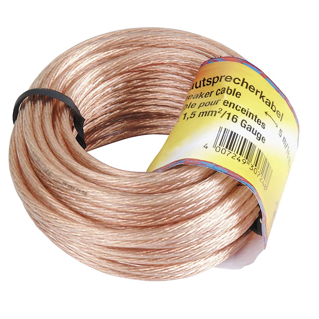 Aufgerolltes transparentes Lautsprecherkabel auf einem gelben Produktetikett mit der Angabe „1,5 mm²/16 Gauge