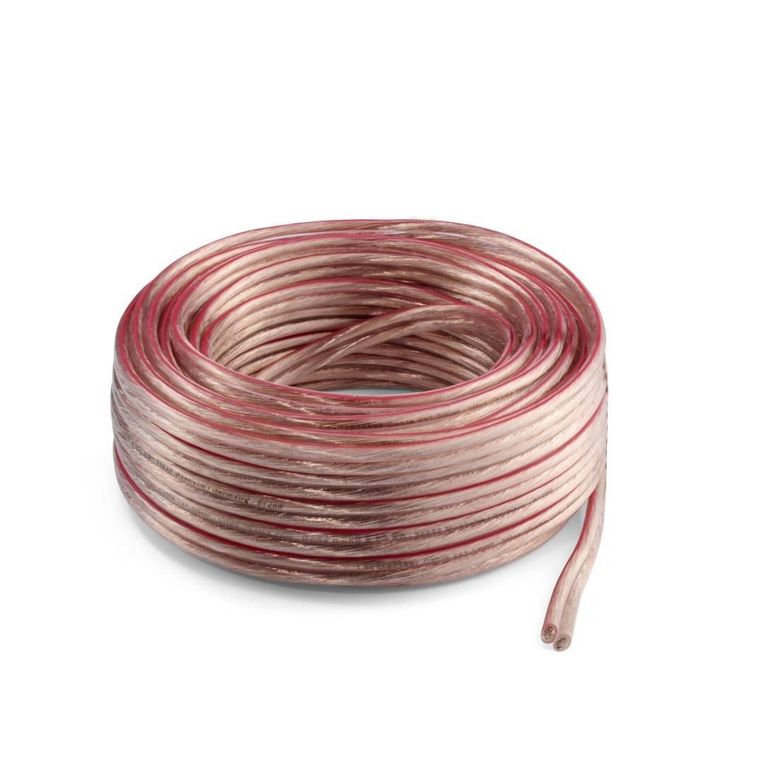 Aufgerollter, transparenter isolierter elektrischer Draht mit roten Streifen auf weißem Hintergrund, ein Ende erstreckt sich nach außen.