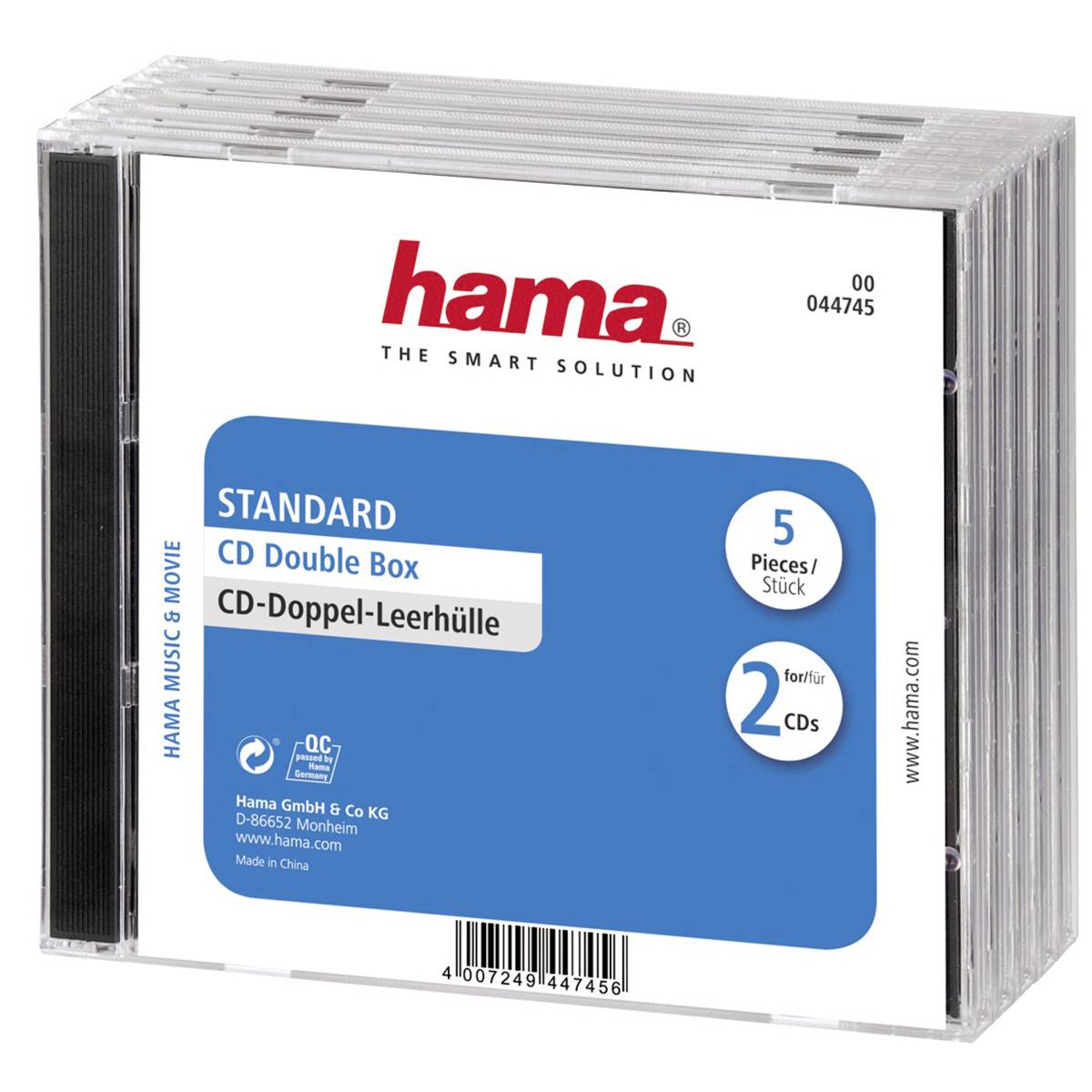 Transparente Kunststoffverpackung mit 5 Hama Standard-CD-Doppelhüllen, beschriftet mit „CD Double Box