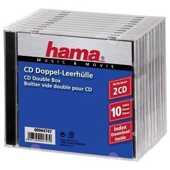 Packung mit 10 Hama CD-Doppelhülsen, transparente Kunststoff-Schmuckkassetten für zwei CDs, dargestellt in Einzelhandelsverpackung.