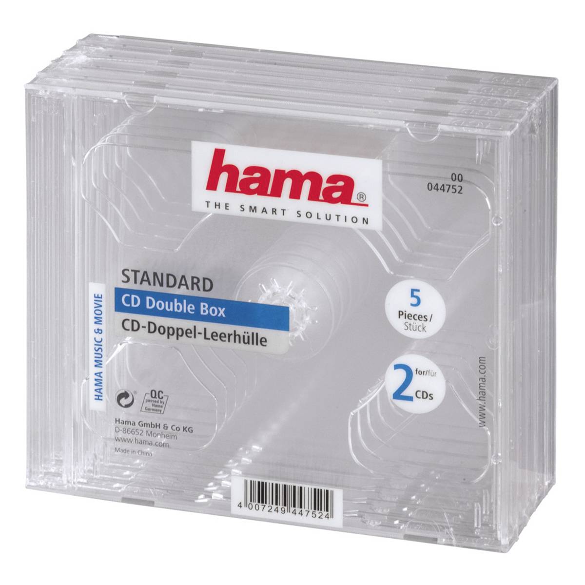 Transparente Kunststoff-Hama-Standard-CD-Doppelboxen-Packung, beschriftet für 5 Stück und 2 CDs, von vorne gezeigt.