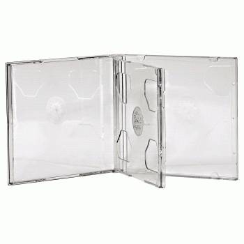 Durchsichtige Kunststoff-CD-Schmuckbox offen, mit drei leeren Discschächern auf weißem Hintergrund.
