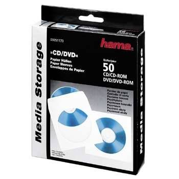 Hama Media Storage Box mit 50 Papierhüllen für CD/DVD-Discs, gezeigt auf der Produktverpackung.
