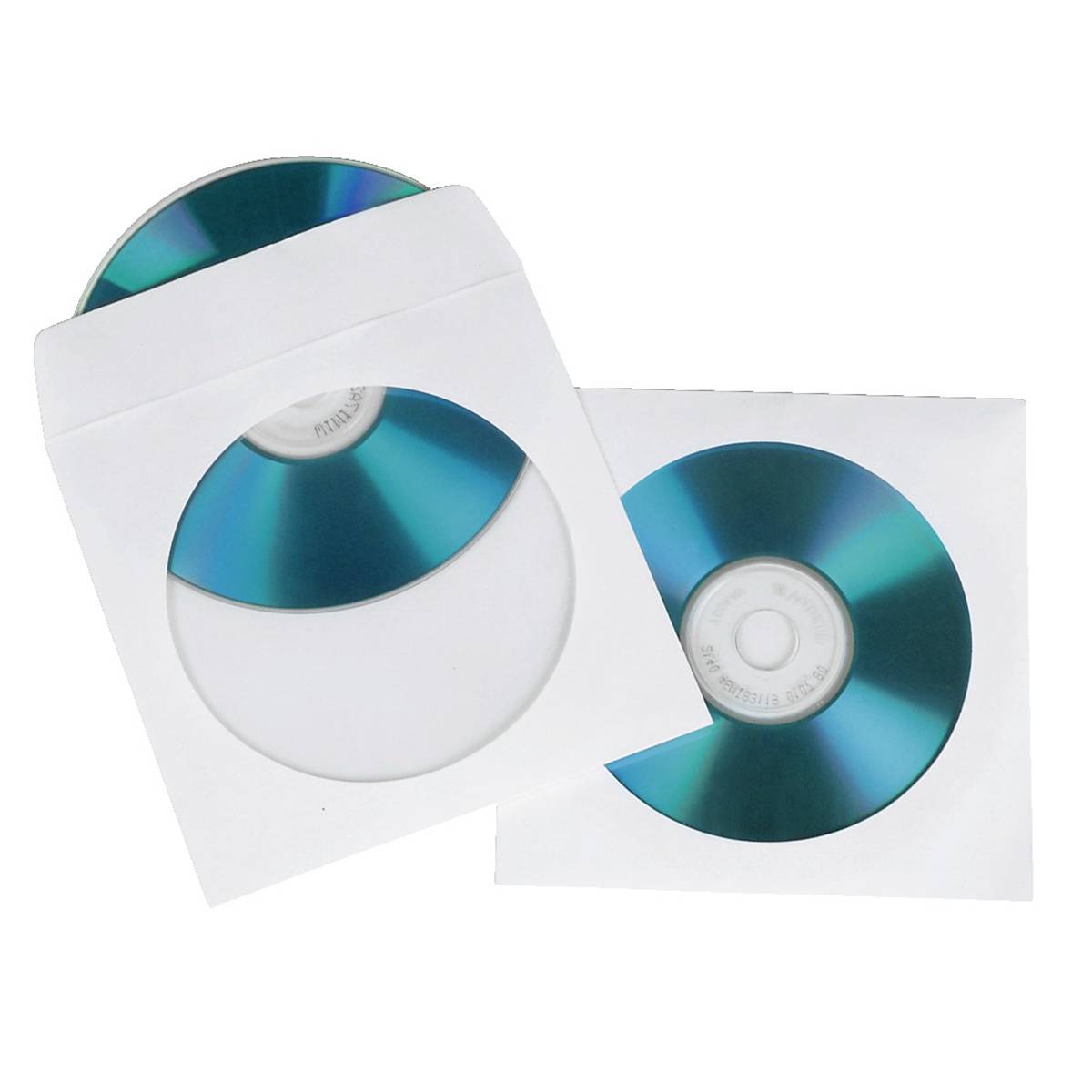Zwei blaue CDs in weißen Papierhüllen, eine teilweise in einer offenen Hülle und eine sichtbar daneben auf weißem Hintergrund.